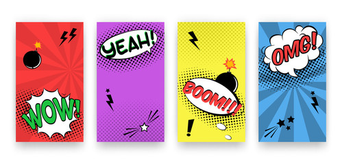 Vector trendy editable set of templates for social media networks stories. Modern design backgrounds for flyers, cards, posters. Trendy comics pop art style