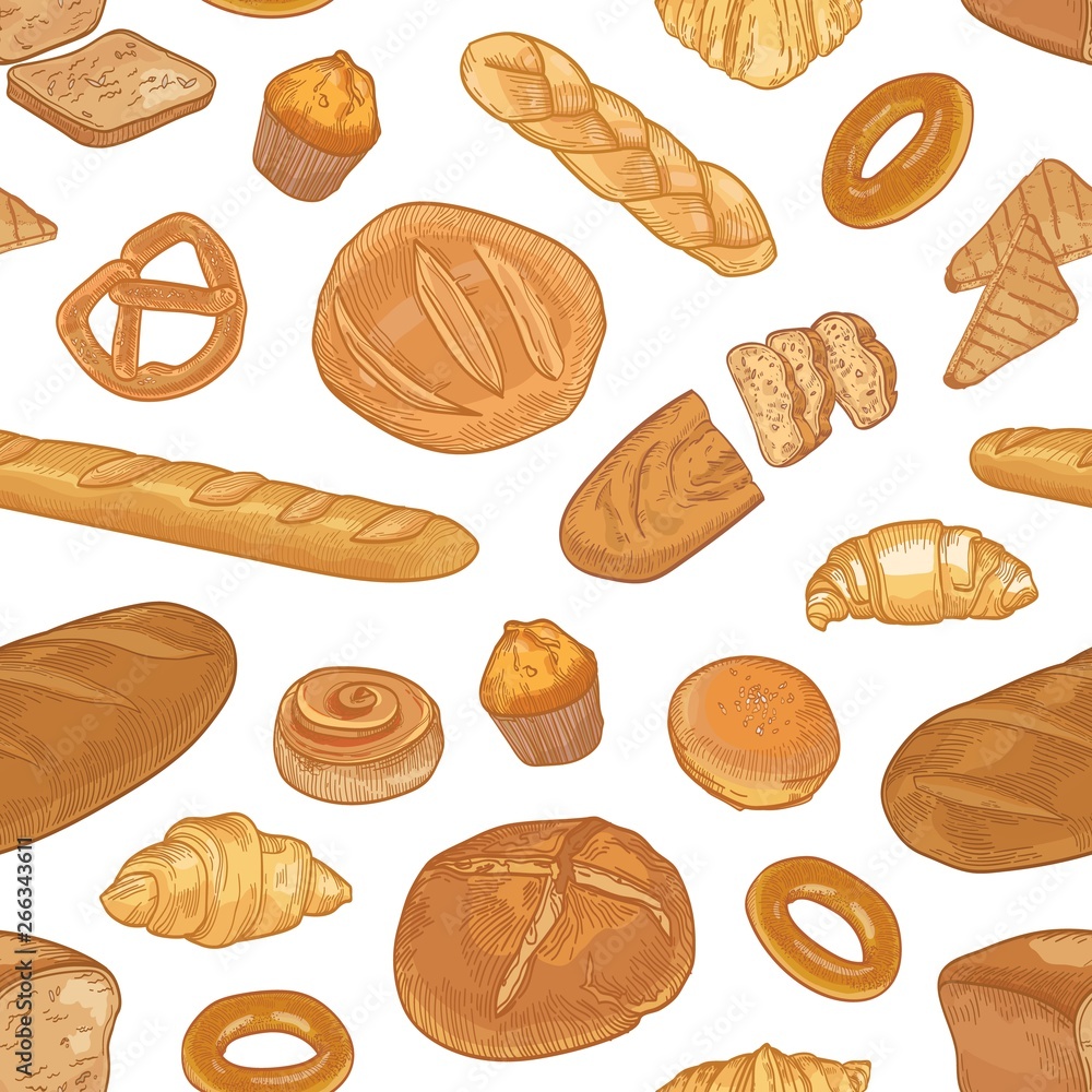 Poster elegant seamless pattern with different types of bread and delicious backed products on white backgr