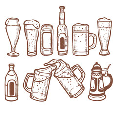 Beer Bottles Mugs and Glasses in Hand Drawn Style