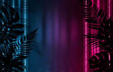 Background of empty dark scenes with neon lights and shapes, smoke. Silhouettes of tropical leaves in the foreground