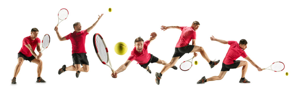 Getting higher. Caucasian young tennis player of red team in action and moving over white studio background. Concept of sport, movement, energy and dynamic, healthy lifestyle. Creative collage.
