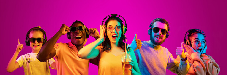 Beautiful female and male models isolated on pink neon lights studio background. Astonished woman and men. Facial expression, summer, resort, summertime or weekend concept. Trendy colors. Collage.