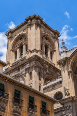 Bell tower of Roman Catholic Granada Cathedral or Cathedral of Incarnation (Catedral de Granada, Santa Iglesia Catedral Metropolitana de la Encarnacion de Granada, 1561). Granada, Andalusia, Spain.