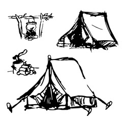 Hand-drawn tents, as well as a bonfire with a food pot and firewood with an ax.