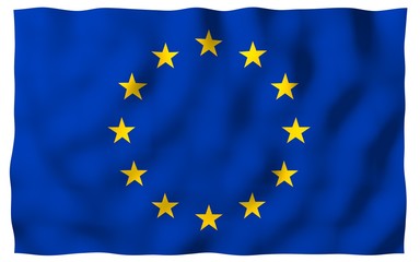 Slightly waving flag of the European Union isolated on white background, 3D rendering. Symbol of Europe. 3D illustration