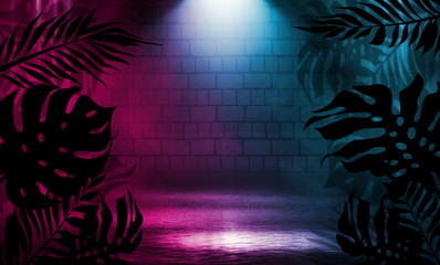 Background of empty dark scenes with neon lights and shapes, smoke. Silhouettes of tropical leaves in the foreground