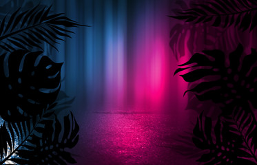 Background of empty dark scenes with neon lights and shapes, smoke. Silhouettes of tropical leaves in the foreground