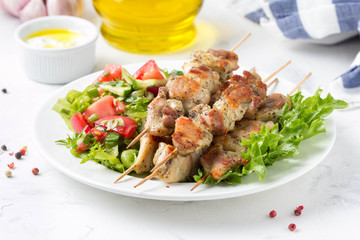 Meat kebabs (chicken, Turkey, pork) on wooden skewers with vegetable salad and yogurt sauce. Spring picnic, grilled food, delicious lunch