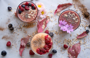 Colorful smoothies with fresh fruit and superfoods