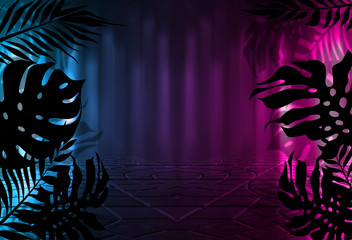 Background of empty dark scenes with neon lights and shapes, smoke. Silhouettes of tropical leaves in the foreground