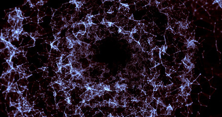 Infinite motion of lines and particles. Plexus zoom pattern. Abstract particles and lines texture. Digital computer image. Generative picture. 3D illustration, 3D rendering.