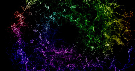 Infinite motion of lines and particles. Plexus zoom pattern. Abstract particles and lines texture. Digital computer image. Generative picture. 3D illustration, 3D rendering.