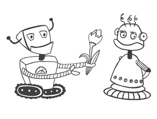 Robot boy gives a flower to a robot girl. Page for coloring.