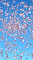Flying euro banknotes against the sky background. Money is flying in the air. 500 EURO in color. 3D illustration