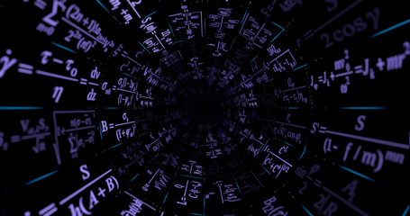 Endless tunnel of scientific formulas. Futuristic visualization of the science motion.