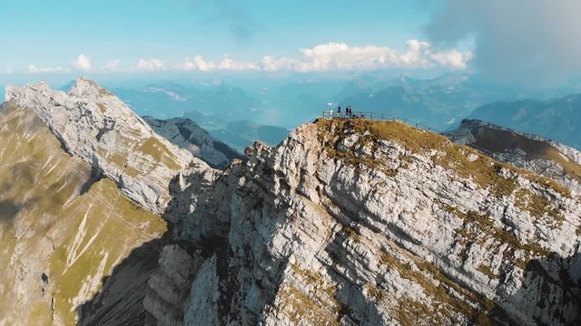 A drone circling shot of the famous mout Pilatus , in Switzerland, and its Tomlishorn peak during fine day.