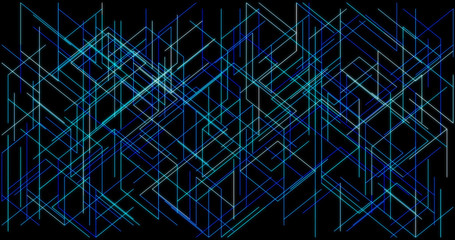 Flying lines and particles. Abstract projection in three-dimensional space. Parallel and perpendicular movement of lines and points forming a network structure.