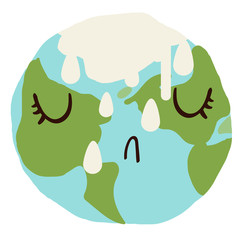 Sad cute planet earth crying with ice melting down. Global warming climate change concept vector illustration isolated on white.