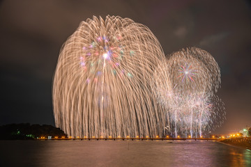 A big firework and a lot of continuous fireworks are launched over the sea.