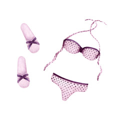 Set of watercolor swimsuit and flip flops. Vacation items isolated on white. Wine color. Hand painted set perfect for card making, vintage design and fabric textile. Illustration