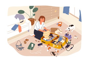 Young cute smiling girl sitting on floor and packing her suitcase or bag and preparing for trip or travel. Happy traveler getting ready for summer vacation. Flat cartoon colorful vector illustration.