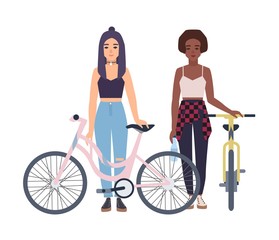Modern girls standing with bicycles. Cartoon flat colorful vector illustration.