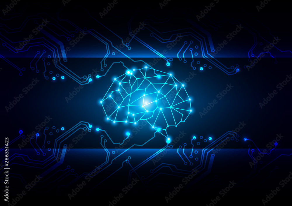 Poster abstract technology circuit with brain design, artificial intelligence technology background,illustr