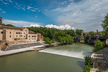 Isola Tiberina, Island, River, Tevere, Bridge, Rotto, Cestio, Trastevere district, Basilica of St. Bartholomew on the Island, Roma, Lazio, Italy, Europe