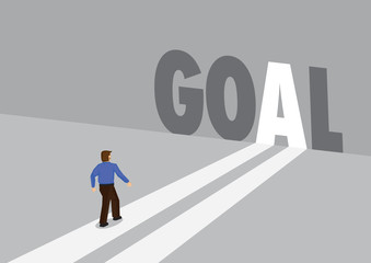 Businessman walking towards a light path with the text goal. Business concept of corporate goal setting, innovation or overcoming challenge. Vector illustration.