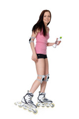 The beautiful young woman in rollerskates.