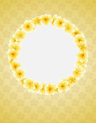 Plumeria blossom flowers around of round frame. Tropical flowers postcard