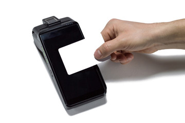 Contactless pay by credit card at the payment terminal. Closeup, isolated, mockup.