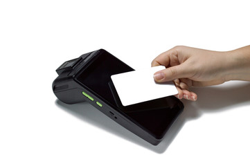 Contactless pay by credit card at the swipe card machine. Closeup, isolated, mockup.