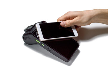 Smartphone contactless payment at mobile payment terminal isolated, mockup