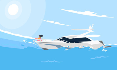 Realistic flat style illustration of the white motor yacht on the water. Modern boat image on the background of a sea landscape.
