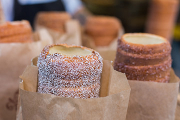 Trdelnik or Trdlo or Kurtosh Kalach being baked in a street bakery in Budapest
