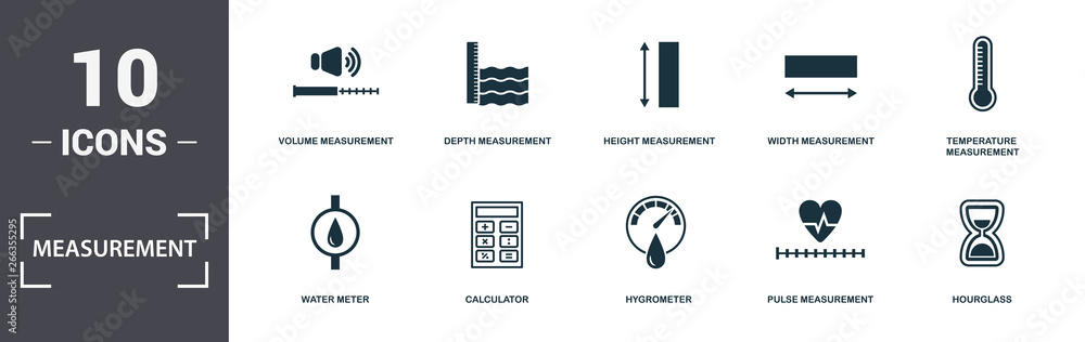Poster measurement icons set collection. includes simple elements such as volume measurement, depth measure