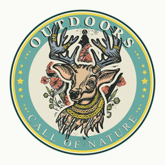 Outdoor. Christmas deer and art nouveau flowers. Call of nature slogan. Symbol of tourism and travel