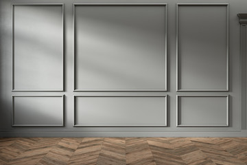 Modern classic gray empty interior with wall panels and wooden floor. 3d render illustration mock up.