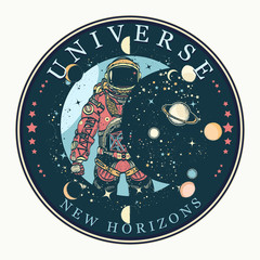 Fototapeta na wymiar Astronaut tattoo and t-shirt design. Universe, new horizons slogan. Spaceman. Symbol of science, astronomy, education