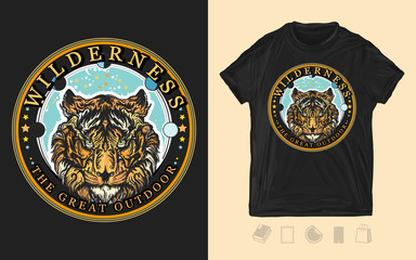 Tiger head. Wilderness, the great outdoors slogan. Print for t-shirts and another, trendy apparel design. Symbol of wisdom, force, soul