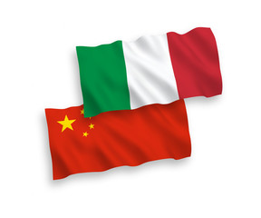National vector fabric wave flags of Italy and China isolated on white background. 1 to 2 proportion.