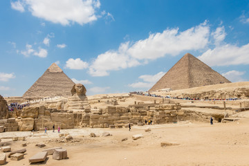 Giza, Egypt - April 19, 2019: The pyramid of Khafre, Khufu and the Great Sphinx of Giza