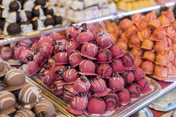 Marсipan store in Budapest. Sweets counter in a street shop