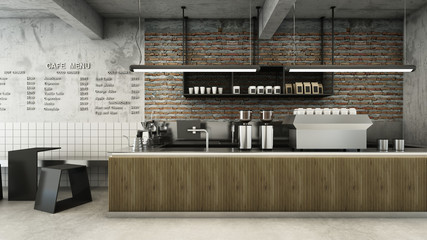 Cafe shop  Restaurant design Minimalist   Loft,Counter wood slat,Top counter metal,  Wall back counter brick,concrete floors -3D render