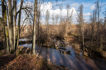 country forest river in early spring with no vegetation on the shores