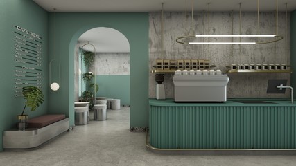 Cafe shop design Modern & Minimal Green counter,Gold metal light pendant, Wall Green pastel color,Wall concrete,Floor concrete  - 3D render