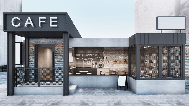Front view Cafe shop & Restaurant design. Modern Loft metal sheet black.White cafe text.wall Brick,Windows black metal frame- 3D render