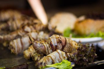 Assortment of traditional Hungarian street food. Rib meat, beef. Budapest, Hungary , spring Easter Market. 