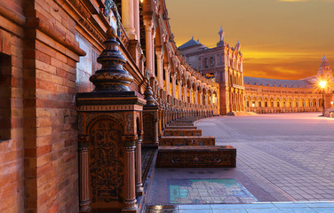 Spain Square-Plaza de Espana at sunrise, Public Maria Luisa Park, Seville, Spain. © kovalenkovpetr